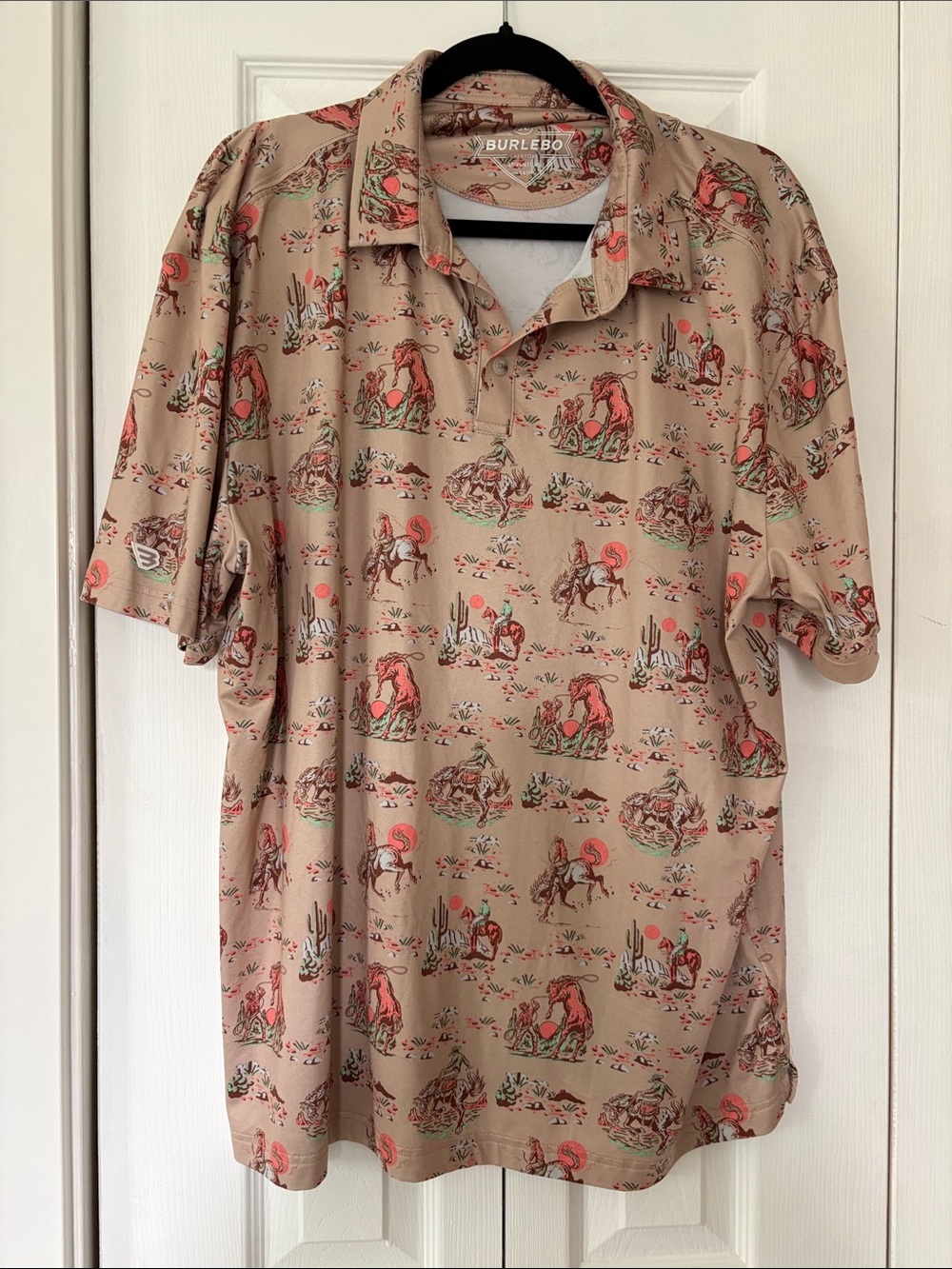 BURLEBO Men's XL Desert Print Polo - Tan with Coral and Green Accents